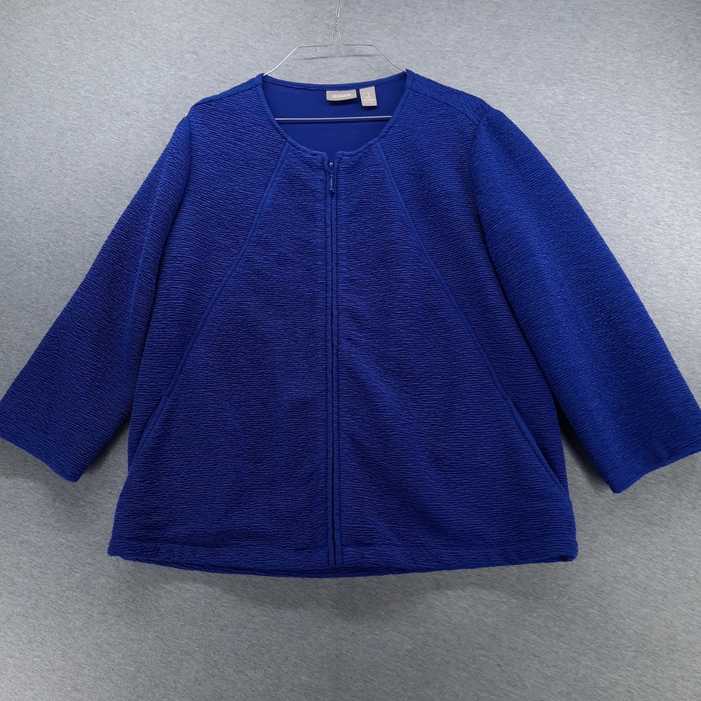 Chicos Jacket Womens 1 US M-8 Blue Textured Knit Zip Front 3/4 Sleeve Collarless